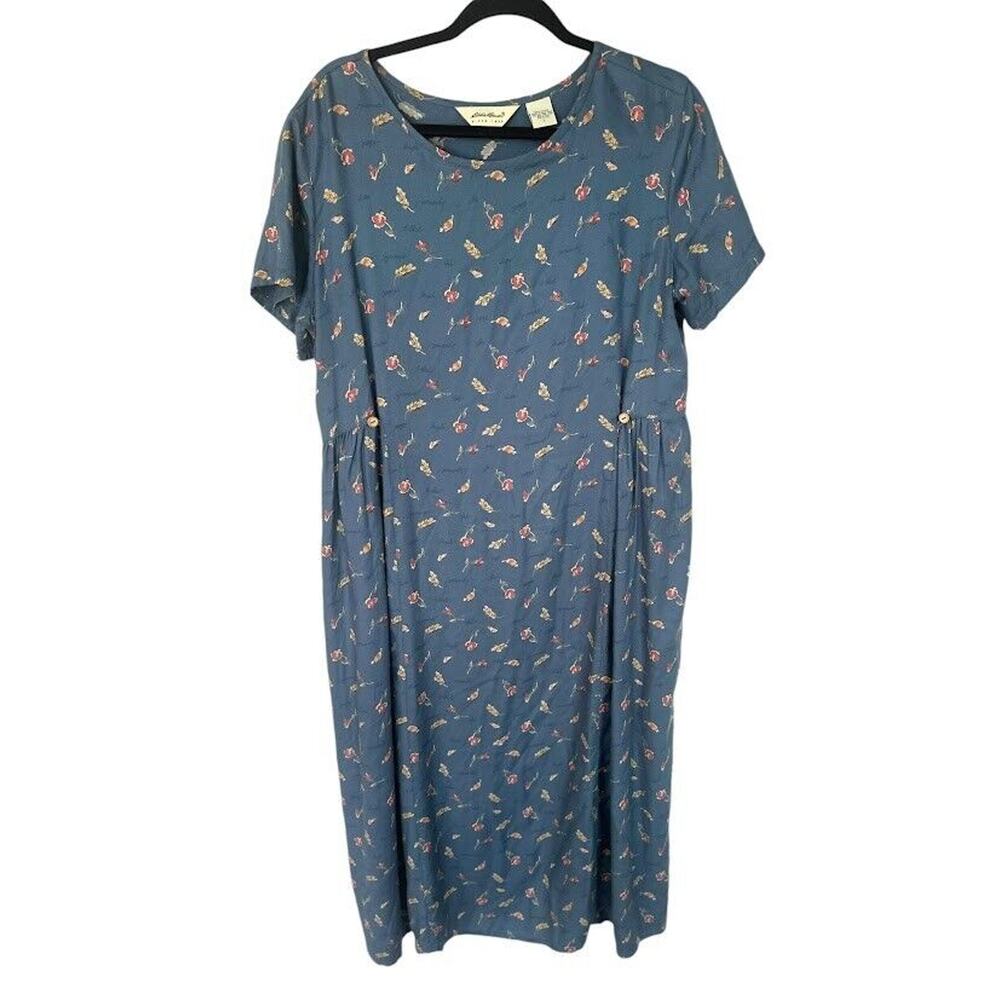 Vintage EDDIE BAUER Floral Leaves Dress Petite Large Cottage Prairie Blue Maxi